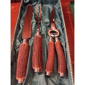Vintage Solingen Germany Carving Set stag Horn Handle 3 pieces +Eze Lap Sharpen+